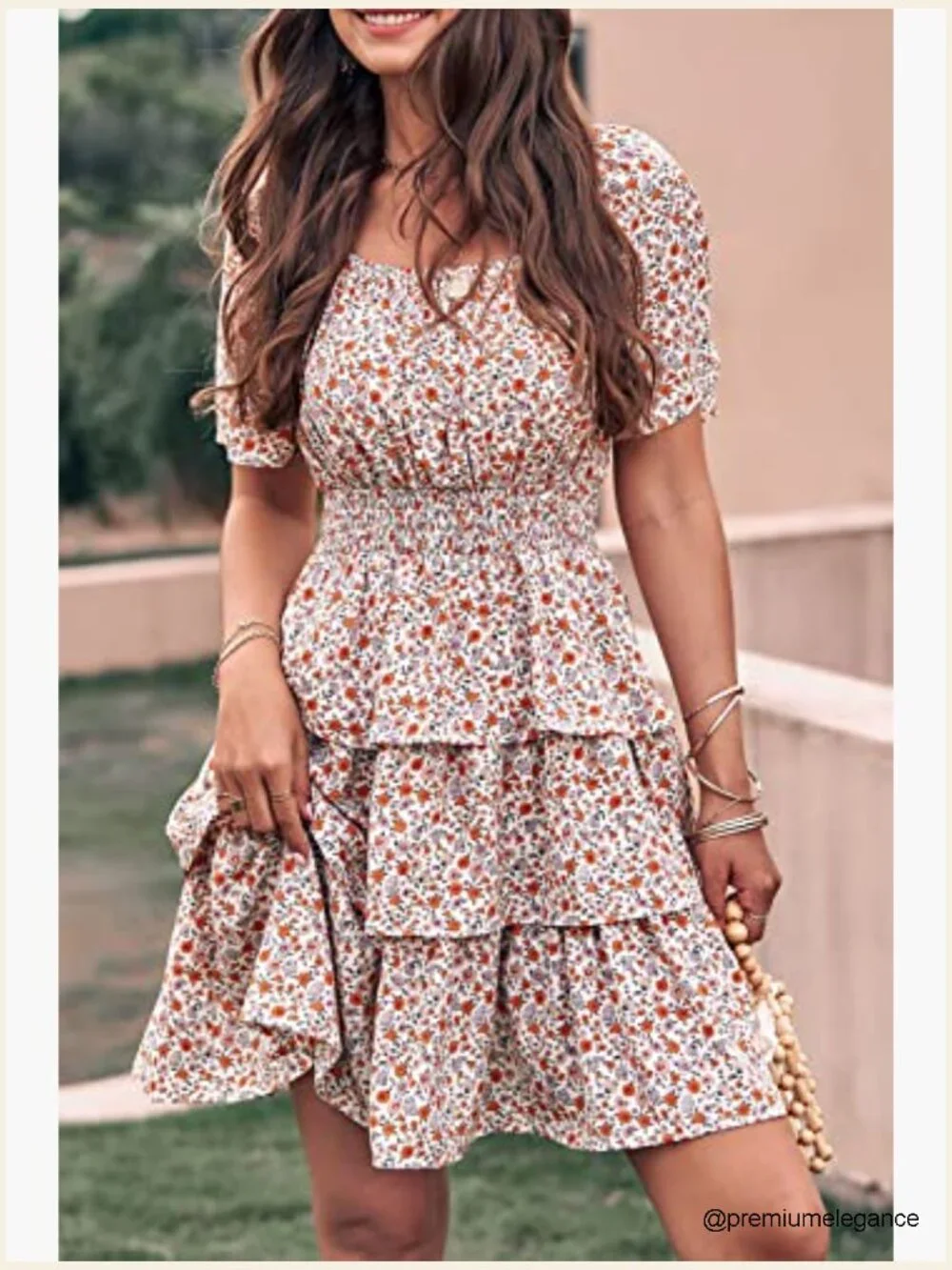 Floral Square Neck Short Sleeve Tiered Ruffle Boho Swing Mini Dress - Picture 6 of 7